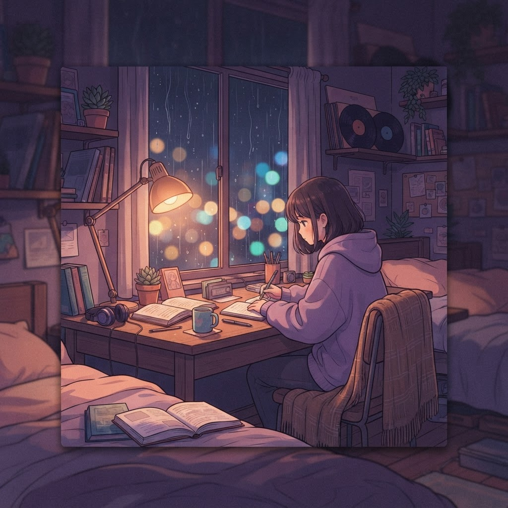 AI-generated lo-fi scene: Midnight study desk