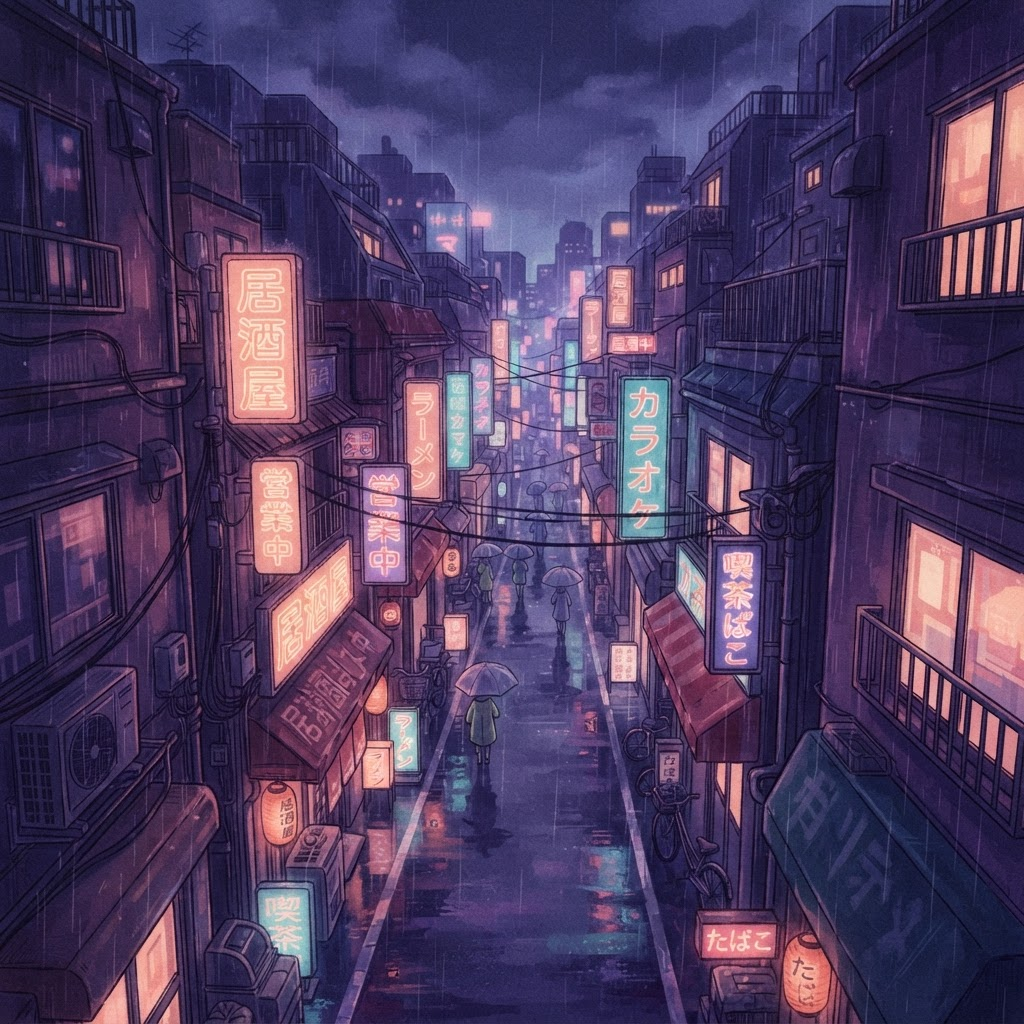 AI-generated lo-fi scene: Rainy Tokyo alley