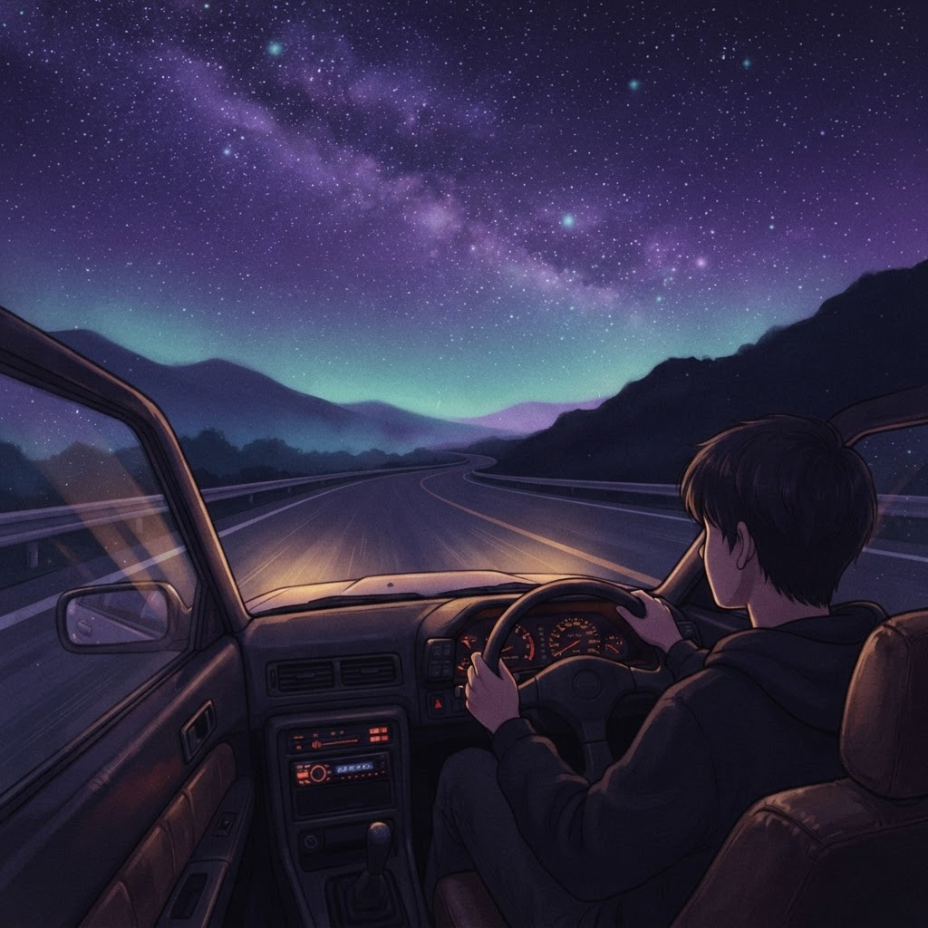 AI-generated lo-fi scene: Starlit night drive